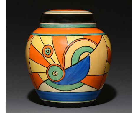 Clarice Cliff. An unusually large A J Wilkinson Sliced Circle ginger jar and cover, 1929, 36.5cm h, printed Bizarre mark Good