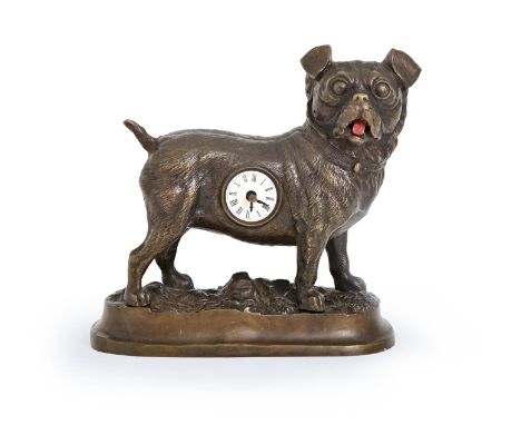 A French or German bronzed spelter pug dog novelty timepiece, with enamel dial and red painted metal wobbly tongue, 16.5cm h 