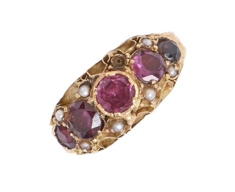 A Victorian amethyst and pearl ring, in 15ct gold, with chased loop, Chester 1883, 2.6g, size K  Lacking one pearl
