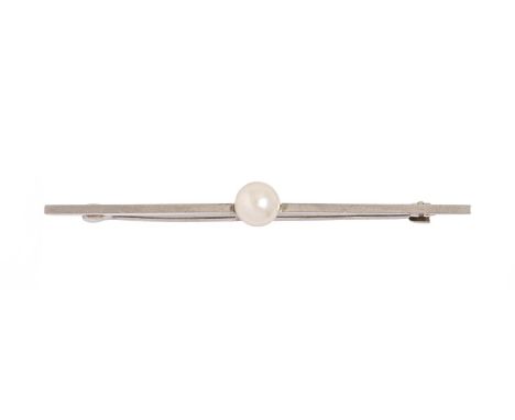 A pearl bar brooch, in white gold, 54mm, marked 18c, 3.3g  Light scratches from wear