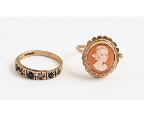 A cameo ring, in 9ct gold and another gem set 9ct gold ring, 5.8g, size M, O (2)  Light wear