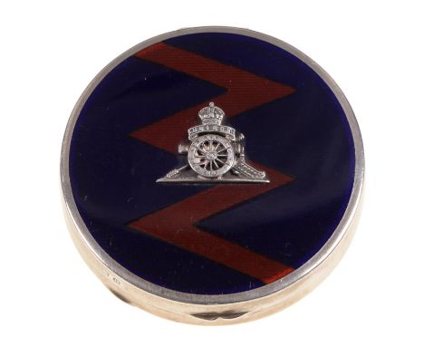 A George V silver and enamel Royal Artillery Officer's sweetheart's compact, 50mm diam, by The Goldsmiths &amp; Silversmiths 