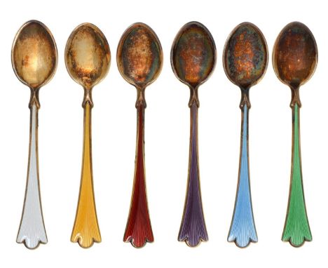 A Harlequin set of six Norwegian silver gilt and guilloche enamel coffee spoons, second quarter 20th c, by Theodore Olsens, 2