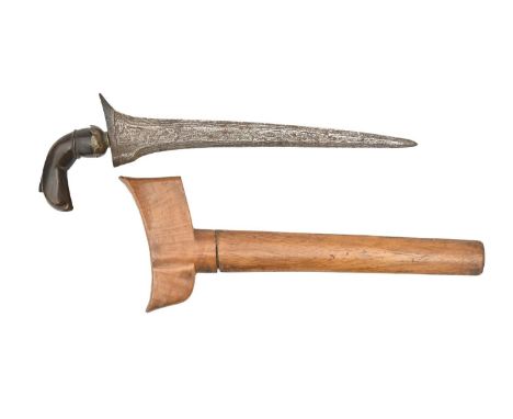 A South East Asian dagger, Kris, late 19th c, with mortice steel blade, light wood hilt and sheath, blade 30cm  Complete and 