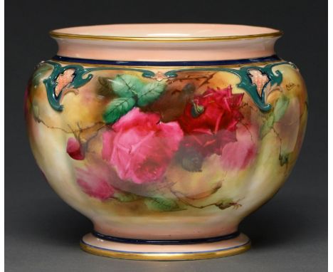 A Royal Worcester jardiniere, 1905, painted by C V White, signed and dated 1906, with 'Hadley Roses' beneath coloured clay bo