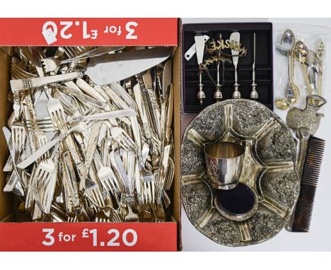 Miscellaneous plated articles, principally flatware, a silver pin cushion, gilt and enamel spoons, etc  Mixed condition