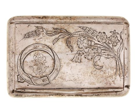 A Russian silver tobacco box, the lid engraved with flowers and a monogram, 12cm l, maker M A in an ellipse, Moscow 1882-1899