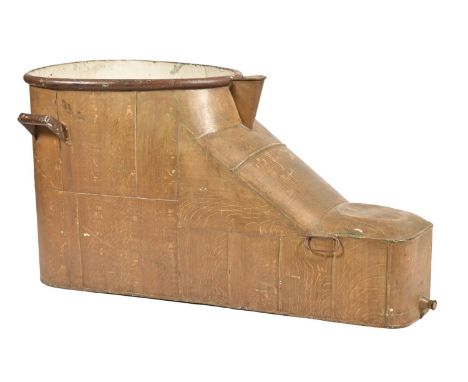 An unrestored Victorian slipper bath, of, probably, zinc, the light oak wood grain paint original, rim and handles purple bro