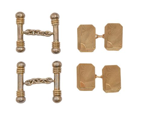 A pair of 9ct gold cufflinks, 11 x 17mm, Birmingham 1938, 4.8g and a pair of silver baton cufflinks (4)  Good condition