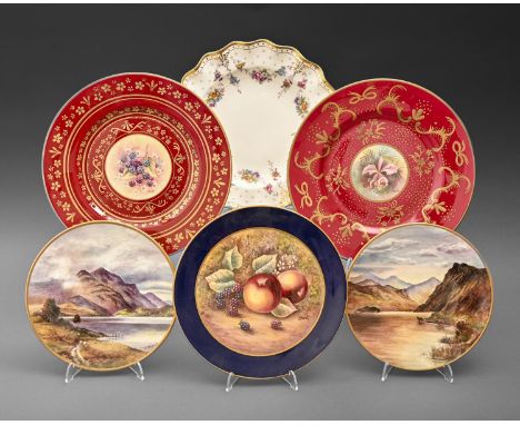 An English porcelain plate, late 20th c, painted by J Skerrett, signed, with fruit, in cobalt and gilt border, 23.5cm diam, a