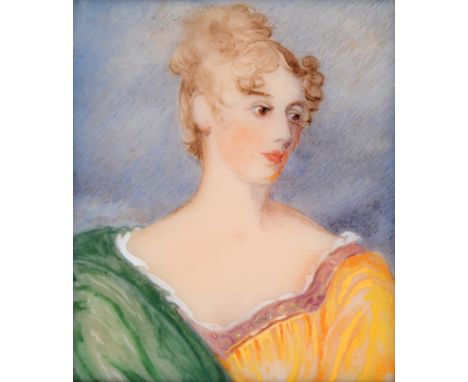 English School - Portrait Miniatures of Two Ladies in late 18th or early 19th c English Styles, watercolour, 6 x 5cm  