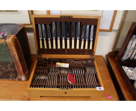 Light Oak cased Adie Canteen of Cutlery with bone handles 
