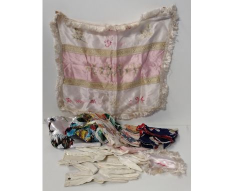 Vintage silk scarves and gloves together with a part finished sweetheart scarf dated 1945. Shipping Group (A). 