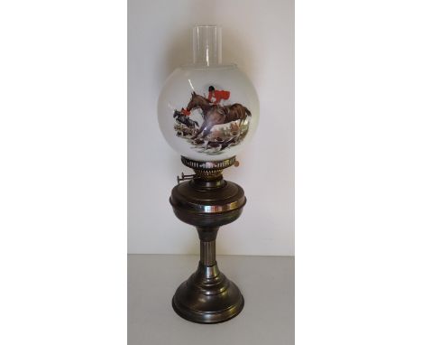Vintage oil lamp complete with funnel and milk glass shade decorated with hunting scene. Collection only. 