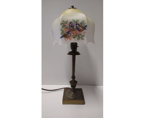 Brass table lamp with milk glass shade. Standing 47cm. Collection only. 