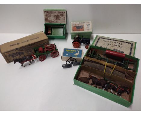 (5) vintage tin-plate farm toys in original boxes, circa 1950's. Shipping Group (A). 