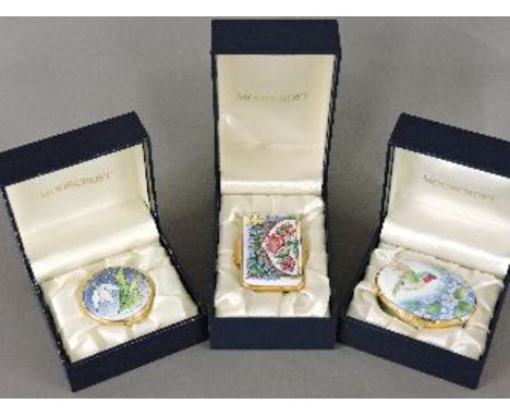 Three Moorcroft enamel pill boxes, in fitted cases