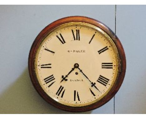 A mid Victorian wall clock, mahogany cased and single fusee movement, white enamel dial, signed Baker, London