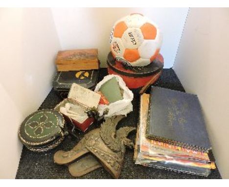 A collection of ephemera, including cigarette cards, a signed Luton football, playing cards, etc