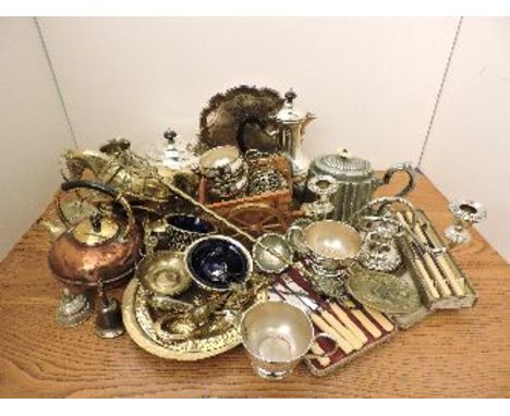 A quantity of silver plate, copper and brass items, including silver plated candelabra, goblets, flatware, etc