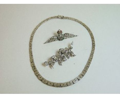 A silver graduated hammered box necklace, a paste and enamel RAF wings brooch, and a sterling silver paste spray brooch