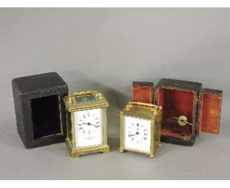 A brass 'carriage clock', in a leather case, inscribed W Bedford & Co Ltd, Regent Street, and another