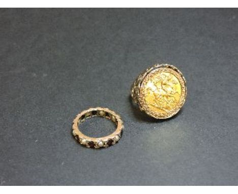 A half sovereign, dated 1912, set in a 9ct gold mount, and a 9ct gold garnet and imitation pearl ring