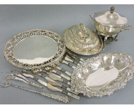 A silver handled toasting fork, a salver with silver mounts, a plated basket, a vegetable tureen, grape scissors, and mother 