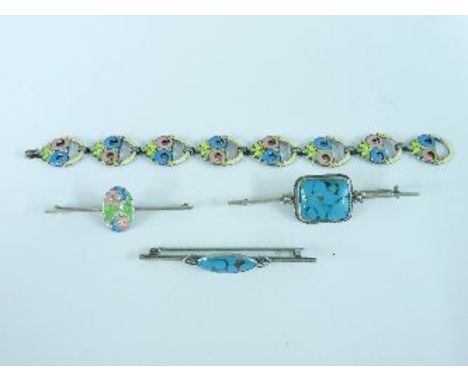 A silver Arts and Crafts polychrome enamel bracelet, by Bernard Instone, a series of pierced plaque links, each one decorated