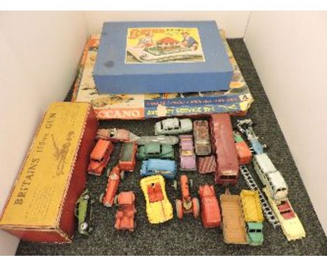 A Meccano Airport Service set, a Bayko building block set, and a collection of playworn Dinky toys, including Supertoys horse