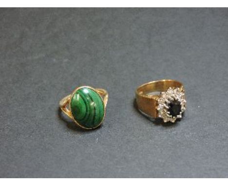 A 9ct gold sapphire and diamond cluster ring, and a 9ct gold malachite ring