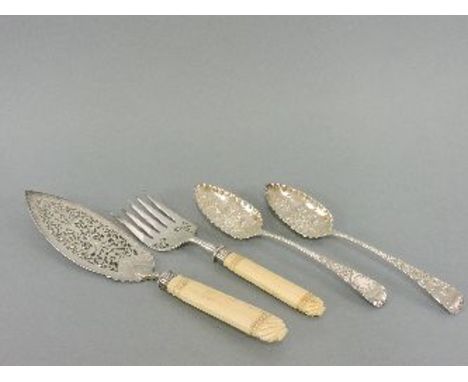 A pair of Georgian silver berry spoons, William Sumner, London 1801, and a pierced silver cake slice and fork, James Dixon & 