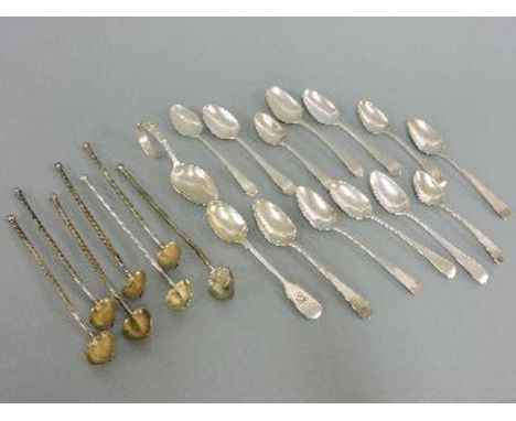 Twelve Georgian silver teaspoons, a Victorian silver teaspoon, a Chinese silver teaspoon, and seven sterling silver ice cream