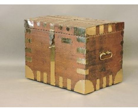 A large oak campaign chest, with extensive brass mounts, carrying handles and a plaque inscribed 'James Brice[?] Esq', 89cm w