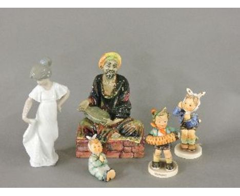 A Royal Doulton figure, 'Mendicant' HN1365, a Nao figure of a girl, and three Hummel figures