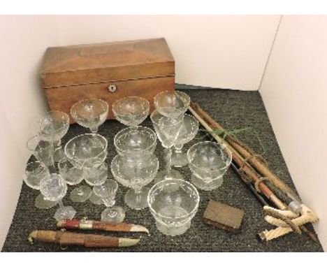 Miscellaneous items, to include silver cuffed riding crops, mahogany tea caddy, lace, Masonic items, and a collection of glas