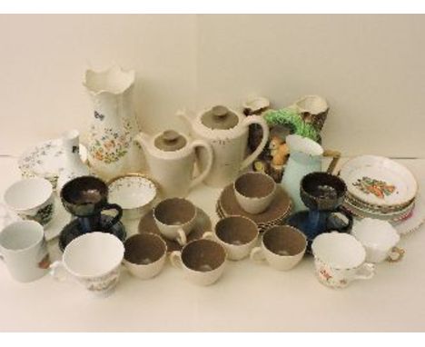 A box of assorted china, including a Poole pottery teaset, commemorative items, etc