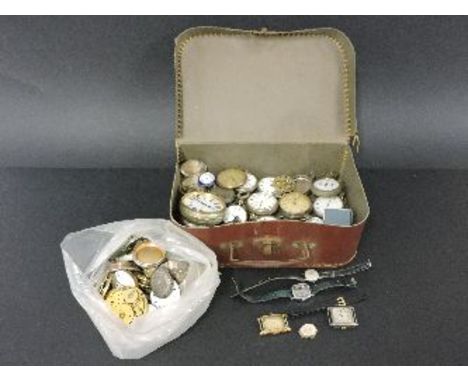 Assorted pocket watches, watch parts, strap watches, a gold watch dial, circa 1860, part of a 9ct gold watch case, and a Tiss