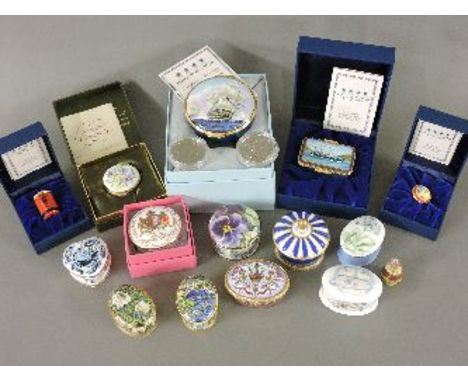 A Halcyon Days enamel box, 'The Royal Yacht  Britannia', further Halcyon Days enamel boxes, and various ceramic pill boxes