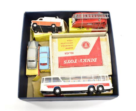 Dinky Various Models including 955 Fire engine with windows and plastic hubs in colour picture box (G box F) 952 Luxury coach
