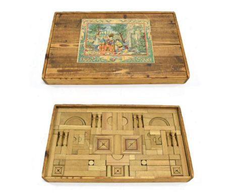 German Architectural Wooden Block Set, Late 19th Century plain wooden pieces in various shapes, in wooden box with colour ill