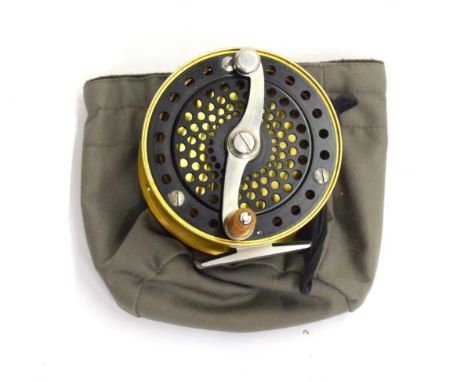 A Chris Henshaw, Barnard Castle, 4 in., Bogdan-Type, Salmon Fly Reel, with gilt frame, pierced and black-finished endplates, 