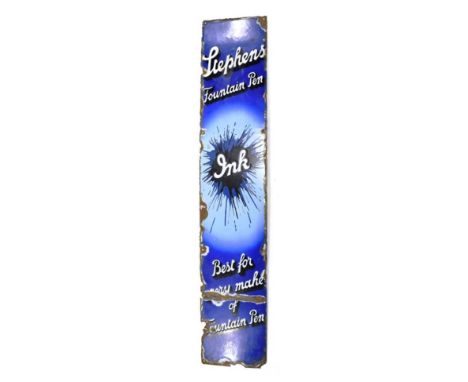 Enamel Advertising Sign Stephens Fountain Pen Ink with shaded blue ground, white lettering with black 3D effect 8 1/4x44'', 2
