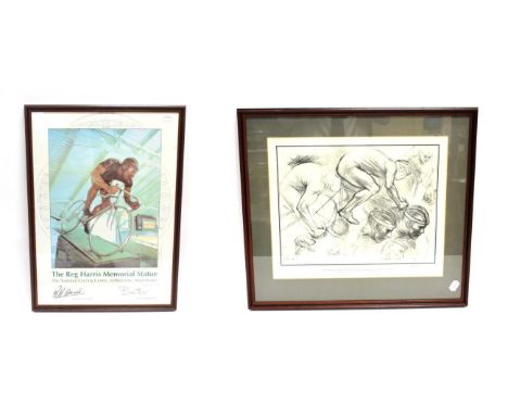 After James Butler 'The Reg Harris Memorial Statue' print of original drawing 18/450 and colour print, both signed and dated 