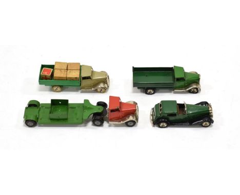 Minic Four Vehicles Vauxhall town sedan, pre-war Tipper truck with petrol can, post-war Tipper (lacks tailgate) and Articulat