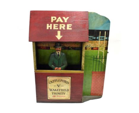 Rugby League Castleford V Wakefield Trinity Wooden Admission Gate Model with carved figure and back board depicting the insid