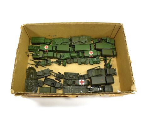 Dinky Military A Collection Of Assorted Unboxed Models including Tank transporter and tank, two Ambulances, Recovery tractor,