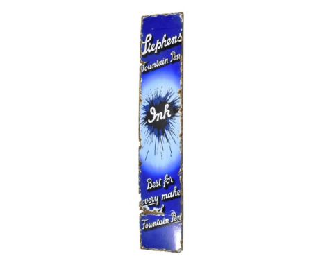 Enamel Advertising Sign Stephens Fountain Pen Ink with shaded blue ground, white lettering with black 3D effect 8 1/4x44'', 2