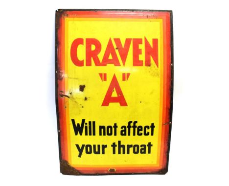 Craven 'A' Enamel Sign 'Will Not Affect Your Throat' with red and black lettering on yellow ground and orange/red border 24x3