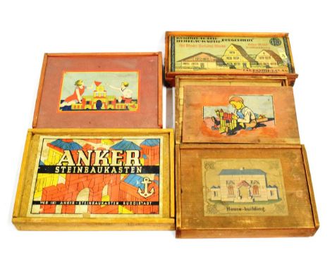 Anchor Bungalow Set with leaflet; Davio (Belgium) wooden set; Anchor Art Model Building Blocks and two unmarked wooden sets (